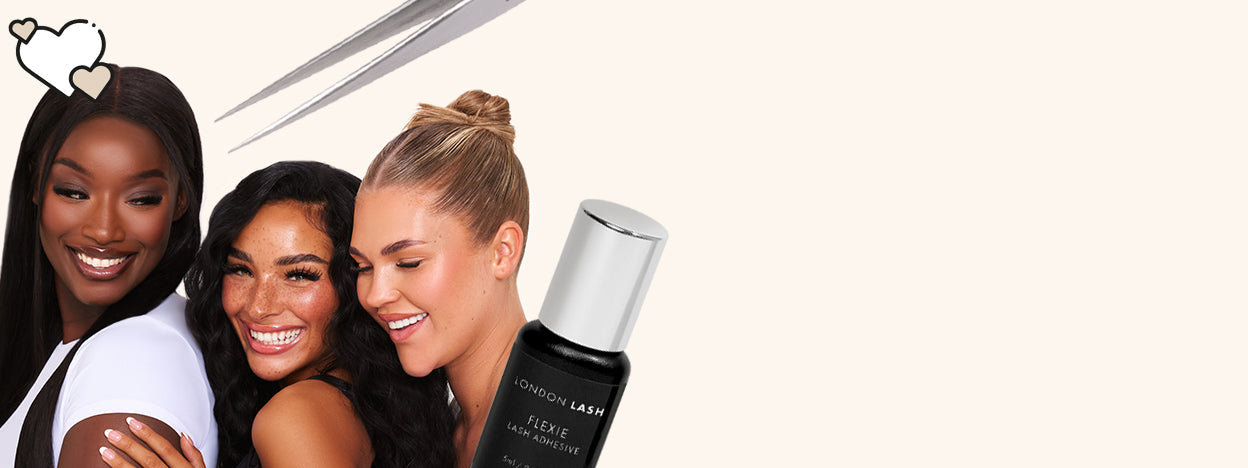 3 girls surrounded by a lash glue and lash tweezers 