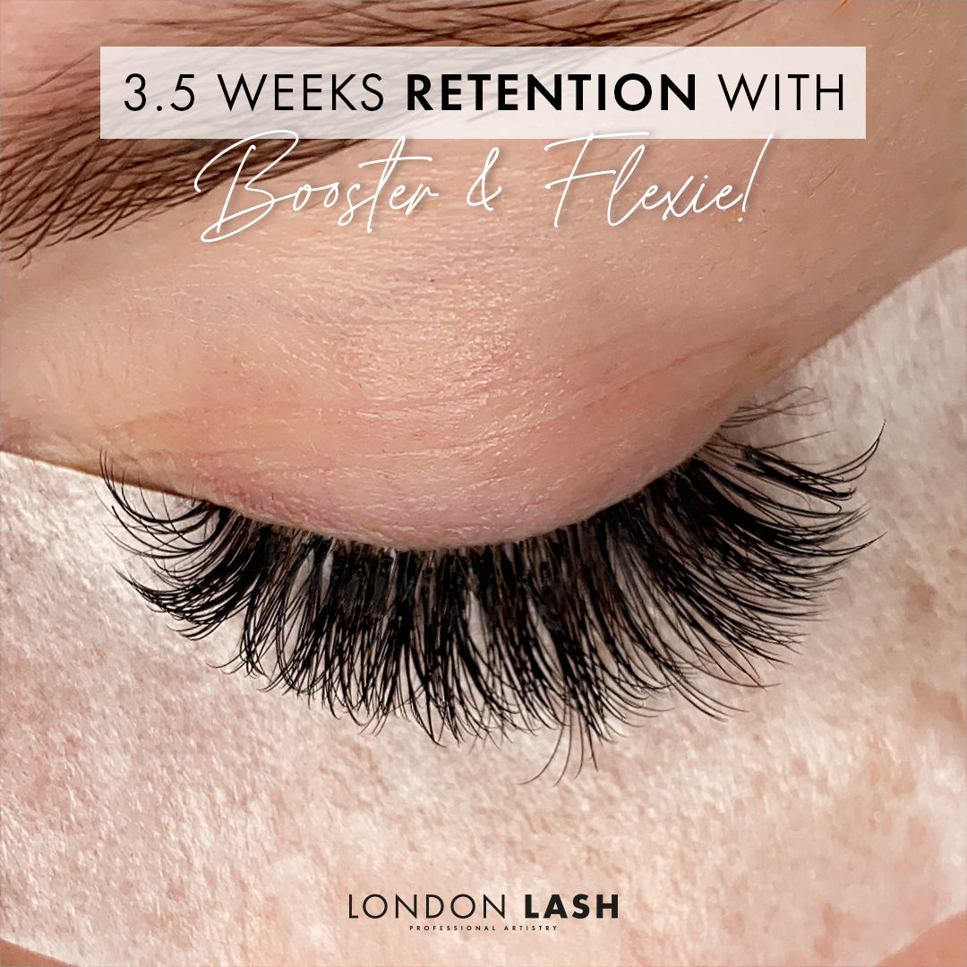 three and a half weeks of lash extension retention with flexie lash glue and booster. the lashes look almost as full as a new set.