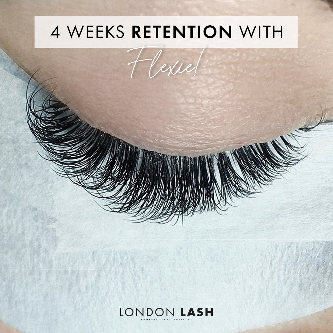 four weeks of lash extension retention with flexie lash glue. the lashes look almost as full as a new set.