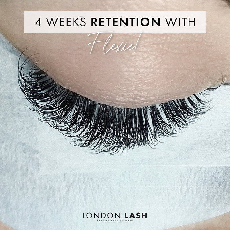 four weeks of lash extension retention with flexie lash glue. the lashes look almost as full as a new set.