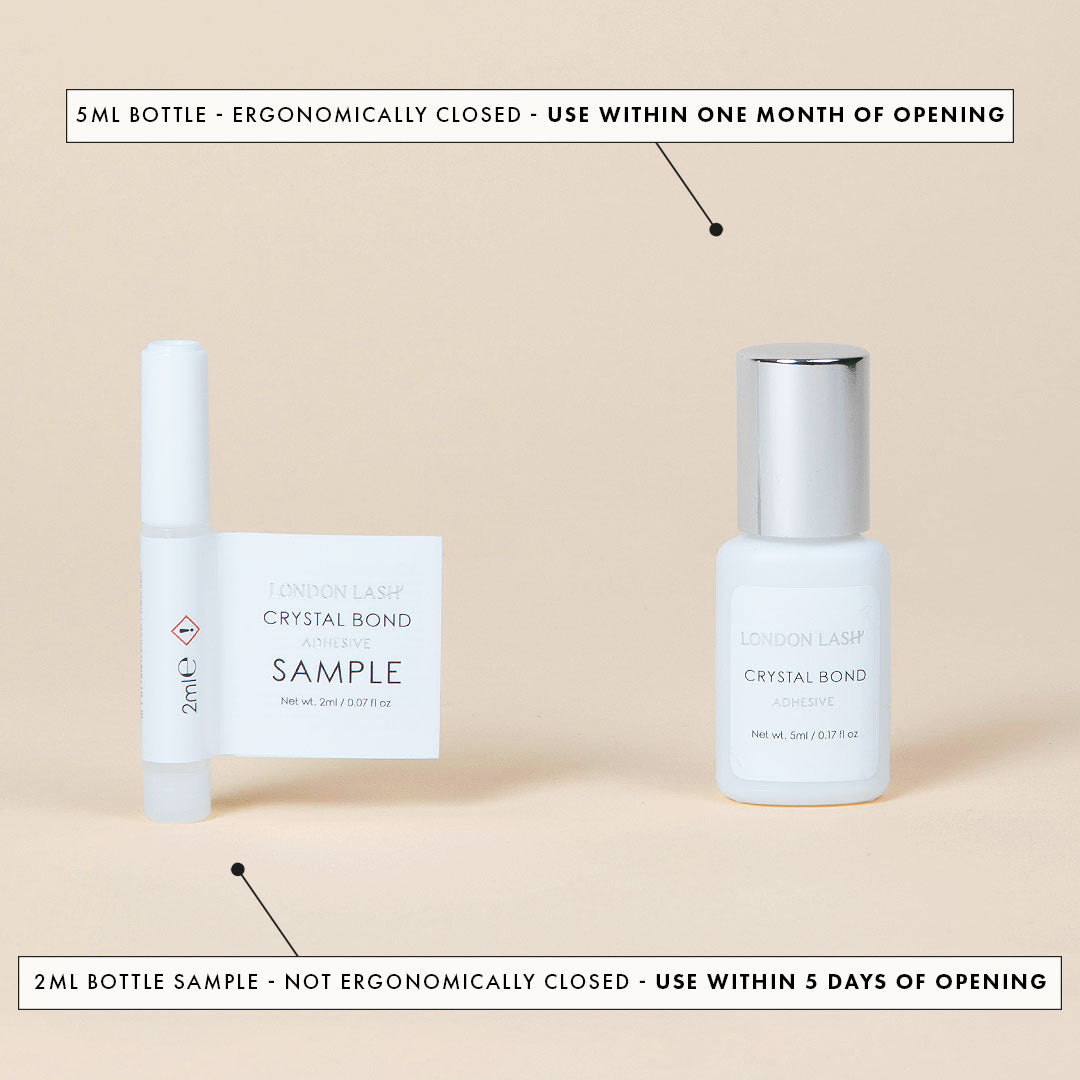 a sample bottle and full sized bottle of crystal bond eyelash extension glue